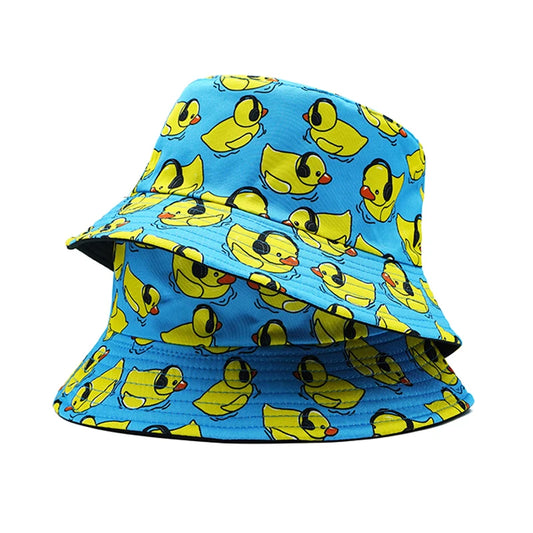 Top Music Duck Bucket Hat Earphone Headphone Pop Cartoon Printing Pattern Fisherman Hats