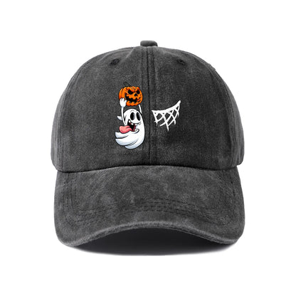 Vintage Washed Ghost Pumpkin Spider Web Graphic Baseball Cap