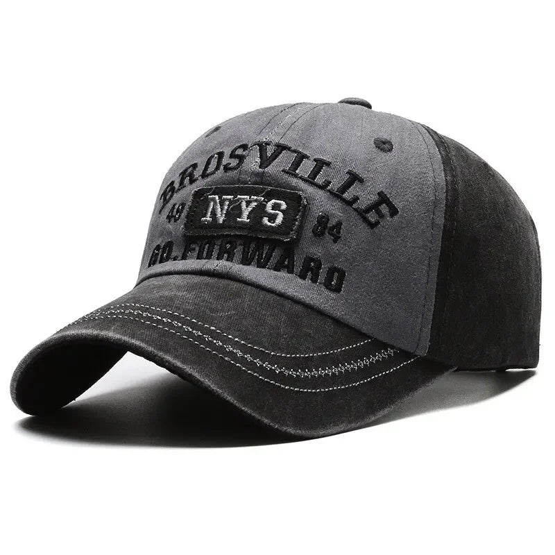 Four Seasons Men Baseball Cap Casual Distressed Cotton Letter Embroidered Cap Bent Brim Dome