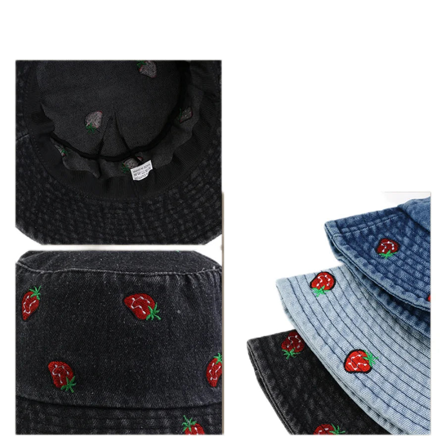 Spring Summer Strawberry Embroidery Denim Jeans Bucket Hat For Men Women