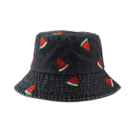 Spring Summer Strawberry Embroidery Denim Jeans Bucket Hat For Men Women