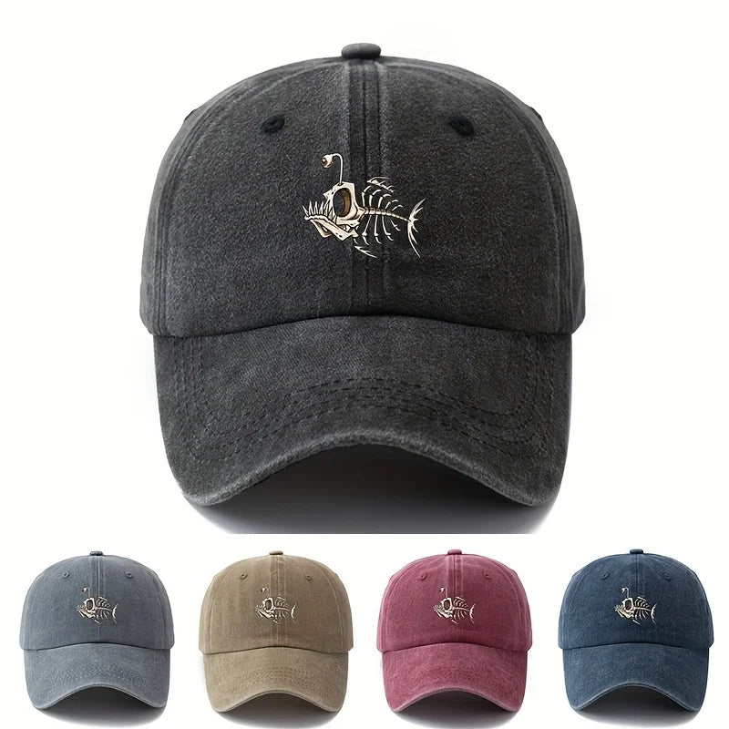Fishbone Printed Baseball Cap Classic Retro Curved Brim