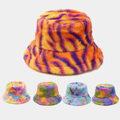 Winter Zebra Pattern Faux Fur Fluffy Bucket Hat