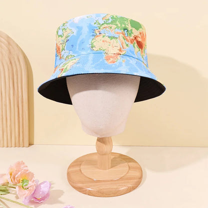World Map Print Fisherman Hat Breathable Foldable Bucket Hat