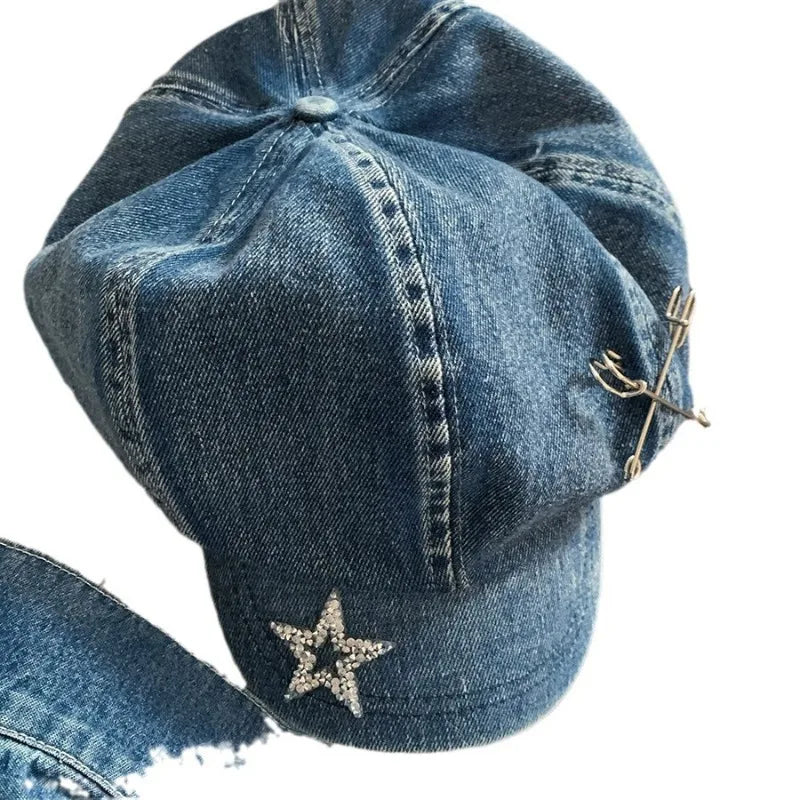 Spring and Summer Big Head Flash Diamond Star Pin Denim Beret Hat