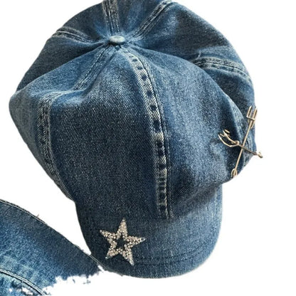 Spring and Summer Big Head Flash Diamond Star Pin Denim Beret Hat