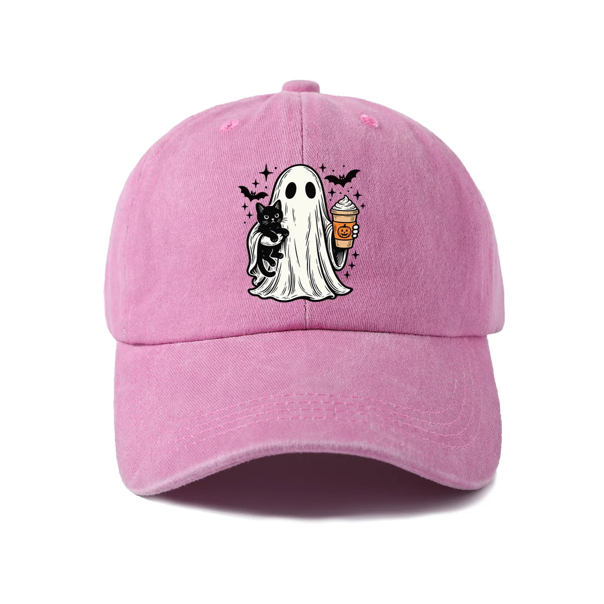 Vintage Washed Ghost Black Cat Coffee Graphic Baseball Cap