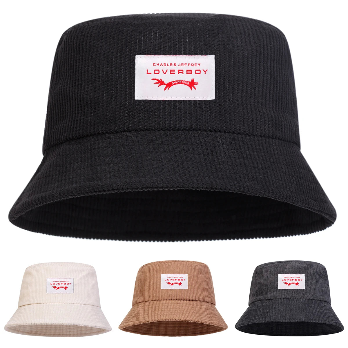 Unisex LOVERBOY Sewing Label Personality Corduroy Bucket Hats Fishermen Caps