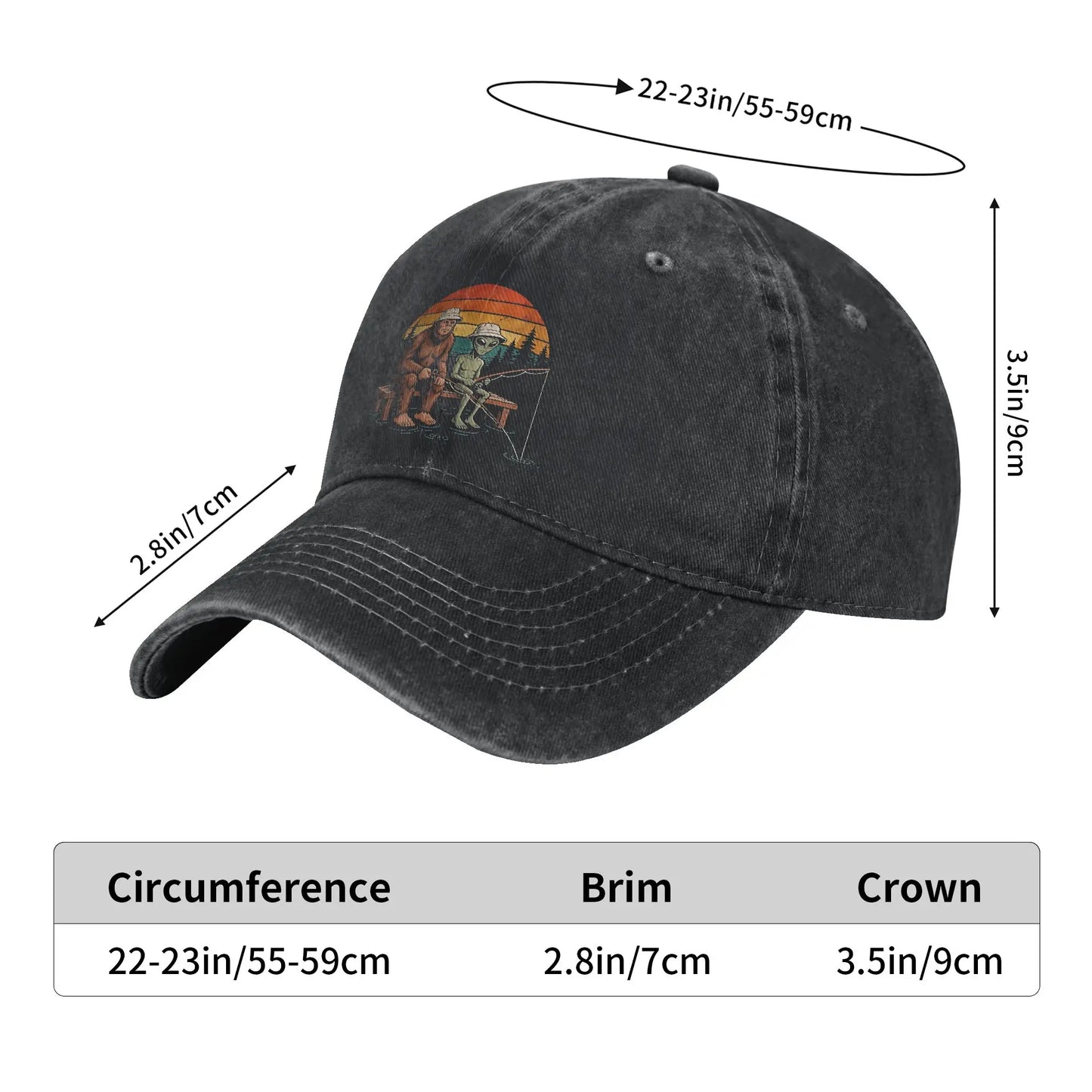 Washed Baseball Cap Alien Fishing Bigfoot And Pine Lake