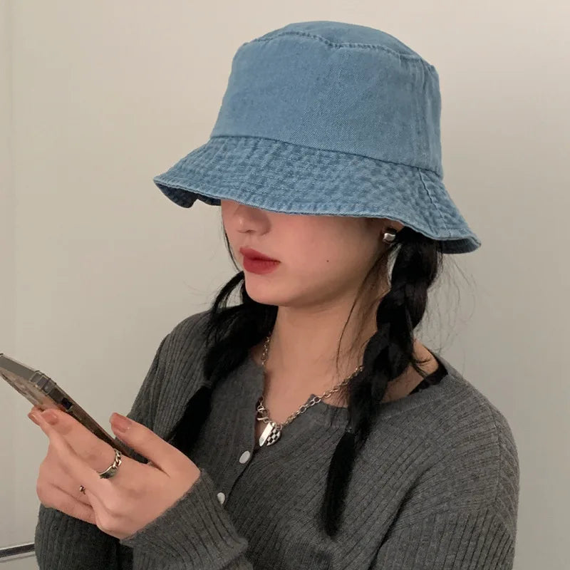 Washed Denim Bucket Hat for Women Men Retro Wide Brim Fisherman Cap