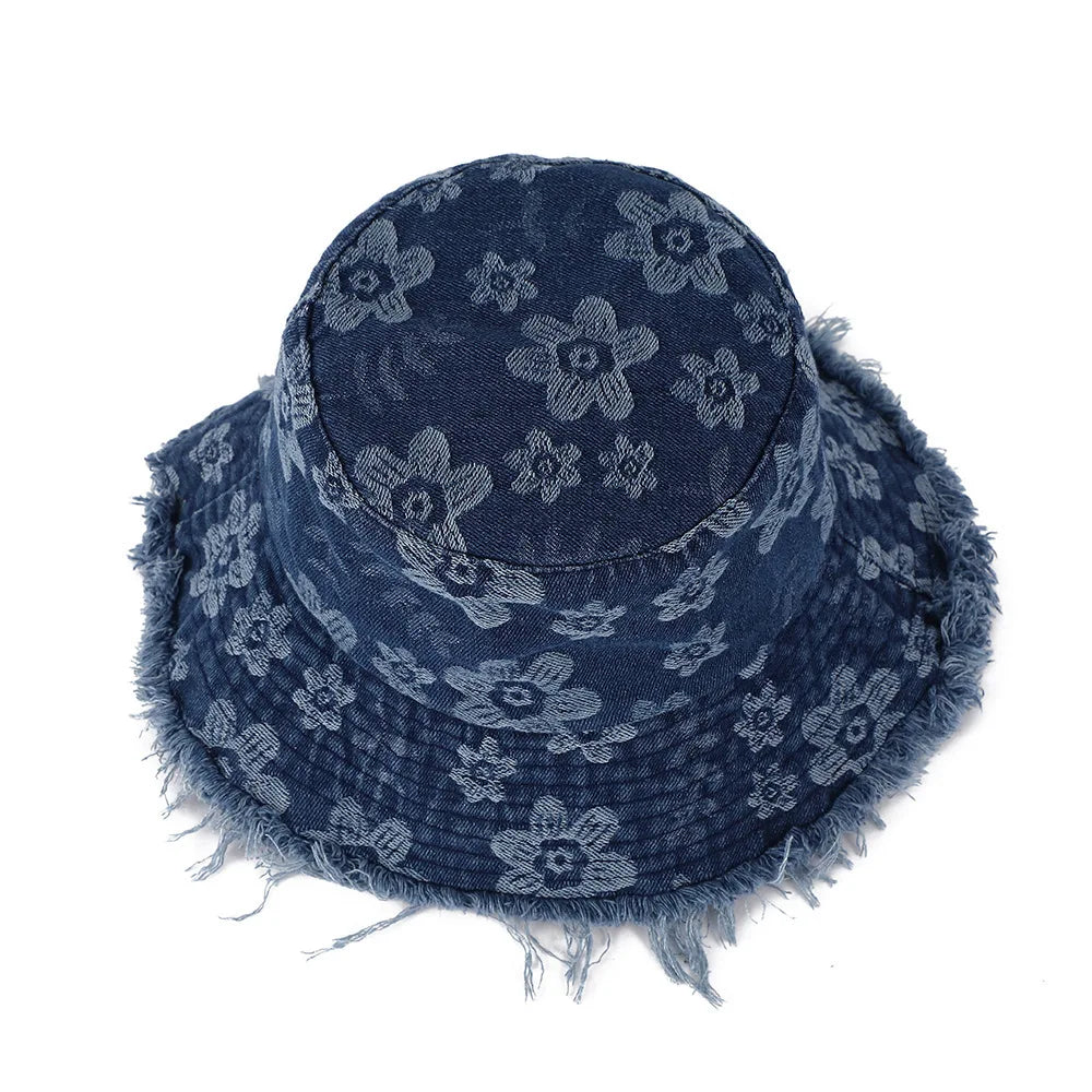 Sunscreen Denim Basin Hat Casual Wind Floral Burr Edge Versatile Bucket Hat