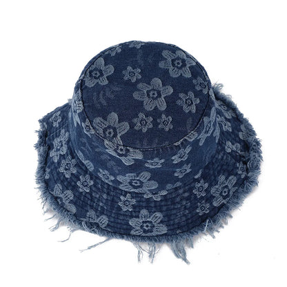 Sunscreen Denim Basin Hat Casual Wind Floral Burr Edge Versatile Bucket Hat