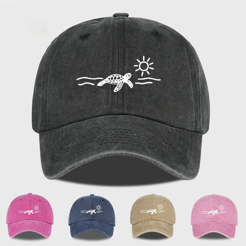 Vintage Washed Baseball Cap With Turtle