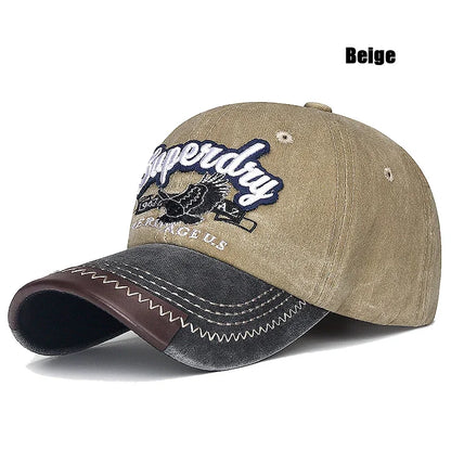 New Unisex Washed Cotton Embroidered Eagle Baseball Cap American Retro Contrast