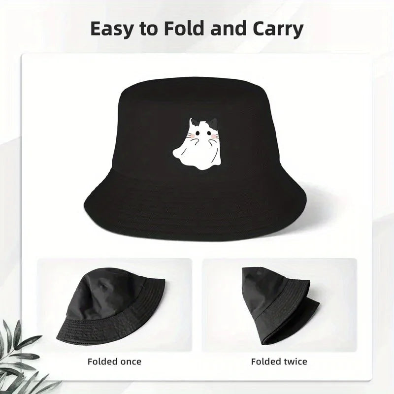 Cute Ghost Cat Printed Bucket Hat Fisherman's Hat Beach Travel