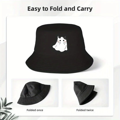 Cute Ghost Cat Printed Bucket Hat Fisherman's Hat Beach Travel