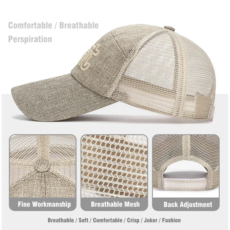 New Fashion Outdoor Sport Baseball Cap Linen Mesh Fabric Embroidery