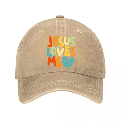 Jesus Loves Me Colorful Typography Heart Washed Baseball Cap