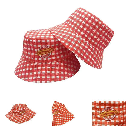 Unisex Bucket Hat Pig Cochonou Embroidery Red Plaid Style