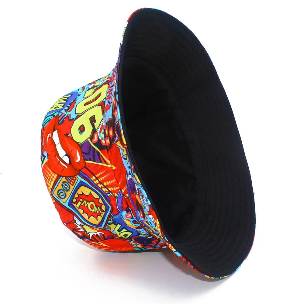 90s POP Print Letter Red Bucket Hat Fisherman Hats Panama Cap For Men Women