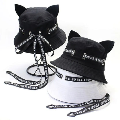 New Cute Cat Ears Bucket Hats Women Streamer Fisherman Hat Casual Panama Outdoor