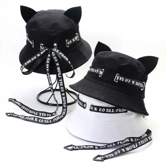 New Cute Cat Ears Bucket Hats Women Streamer Fisherman Hat Casual Panama Outdoor