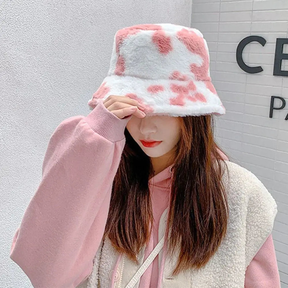 Outdoor Cow Stripe Bucket Hat Warm Fisherman Cap Casual Soft Panama Hat Men Women