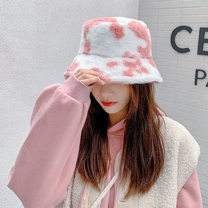 Outdoor Cow Stripe Bucket Hat Warm Fisherman Cap Casual Soft Panama Hat Men Women