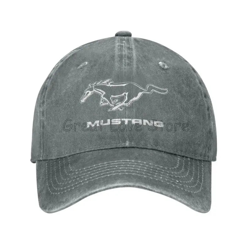 Skeleton Mustang Baseball Cap Vintage Washed Cotton Denim Dad Hat