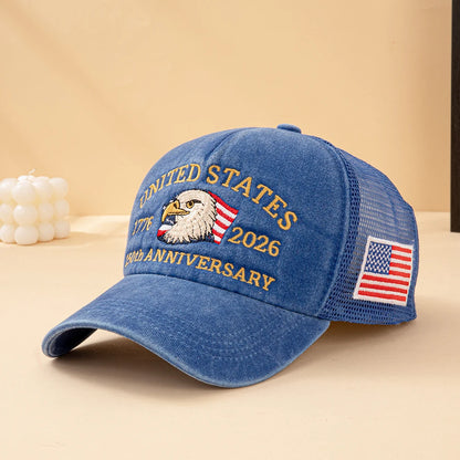 United States 250th Anniversary 1776-2026 Bald Eagle Embroidered Washed Mesh Baseball Cap