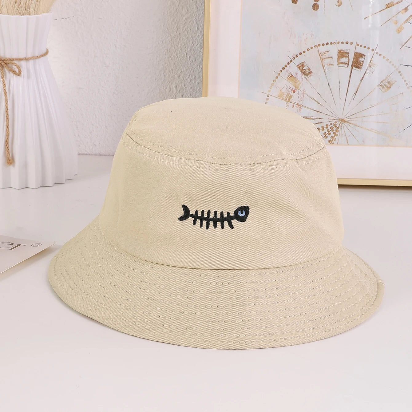 Cross-Border Simple Embroidered Fishbone Wide-Brimmed Fisherman's Hat