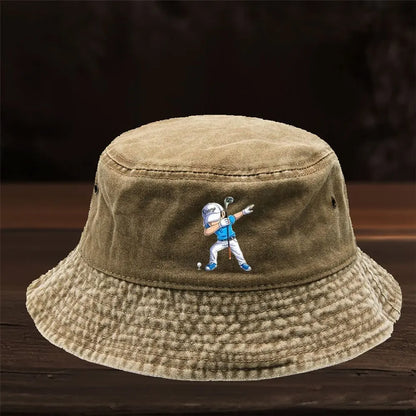 A Limited Edition Washed Bucket Hat Featuring a Cartoon Golf Figure Print Design