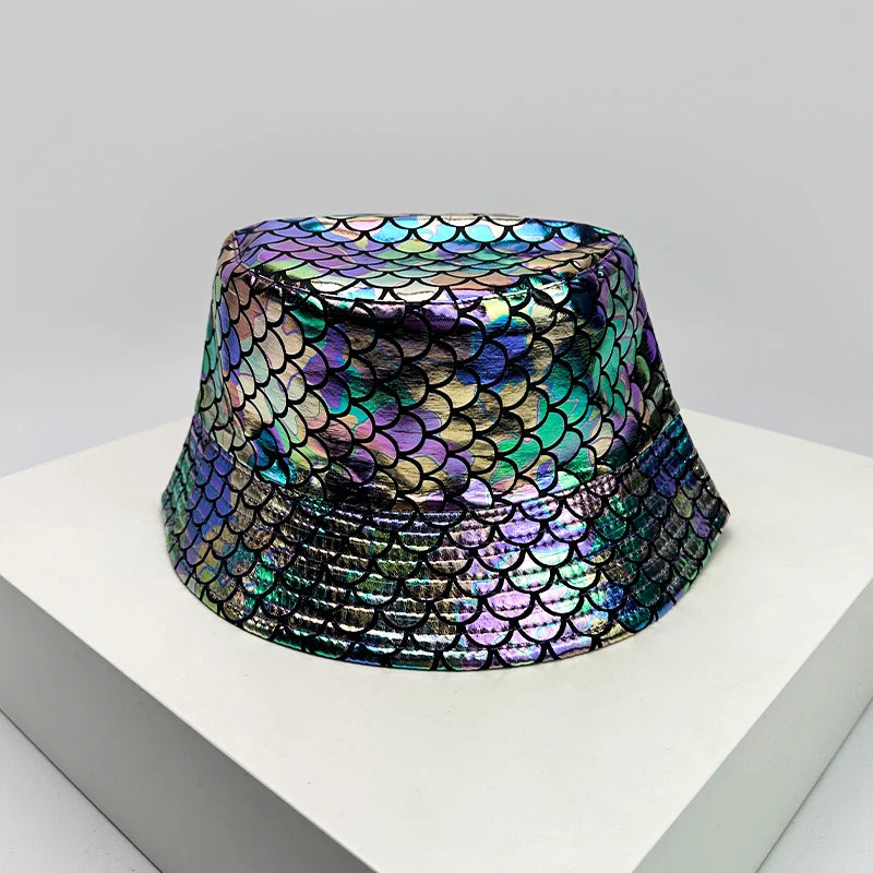 Shiny PU Leather Colorful Bucket Hats Sunshade New Unisex Fisherman Caps