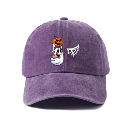 Vintage Washed Ghost Pumpkin Spider Web Graphic Baseball Cap