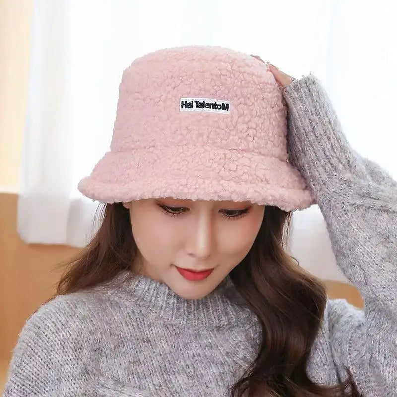 Winter Girl Boy Bucket Hat Cute Lamb Wool Letter Fisherman