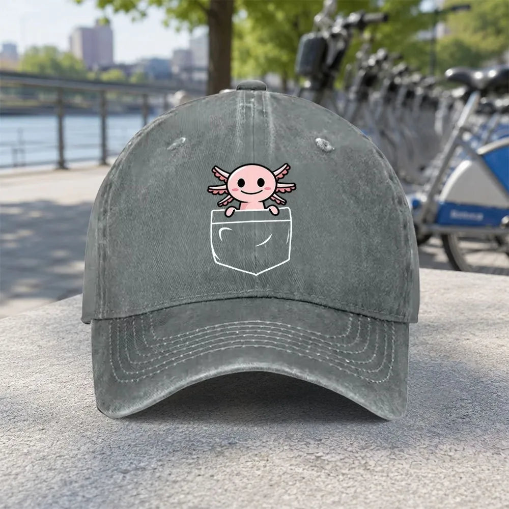 Unisex Pocket Axolotl Print Washed Baseball Cap