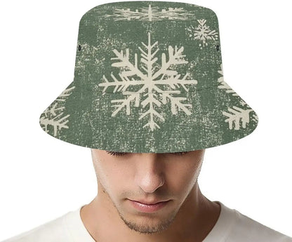 Vintage Fisherman Hat Green/White Snowflake Summer Bucket Hats