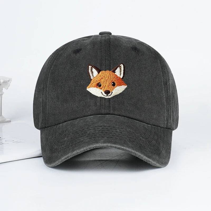 Cute Fox Embroidered Vintage Washed Baseball Cap