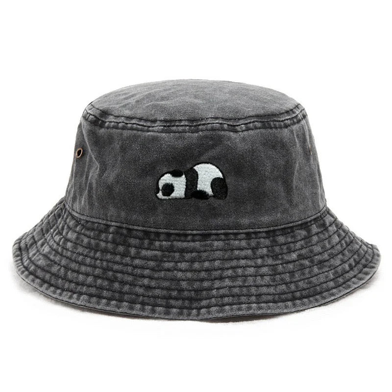 Washed Cotton Bucket Hat Beach Caps Panda Embroidery