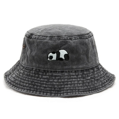 Washed Cotton Bucket Hat Beach Caps Panda Embroidery