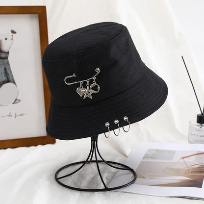Bucket Hat Women Men Unisex Folding Fisherman Hat Black Metal Ring Flat Top Hip Hop Hats