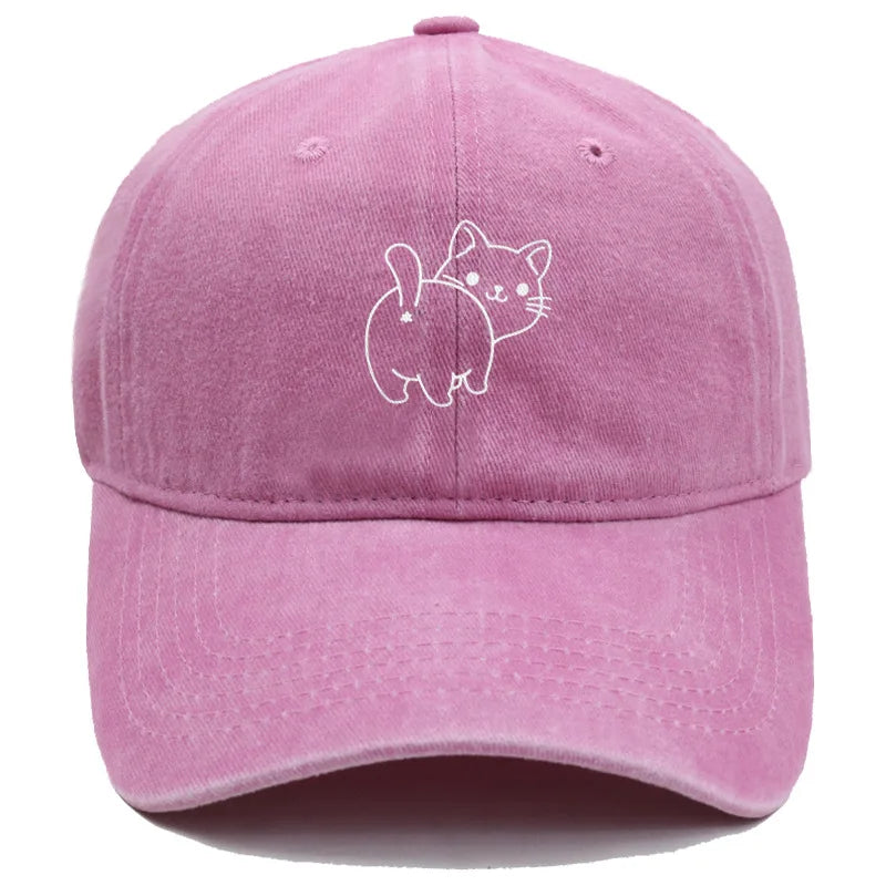 Cute Cat Butt Embroidered Washed Baseball Cap