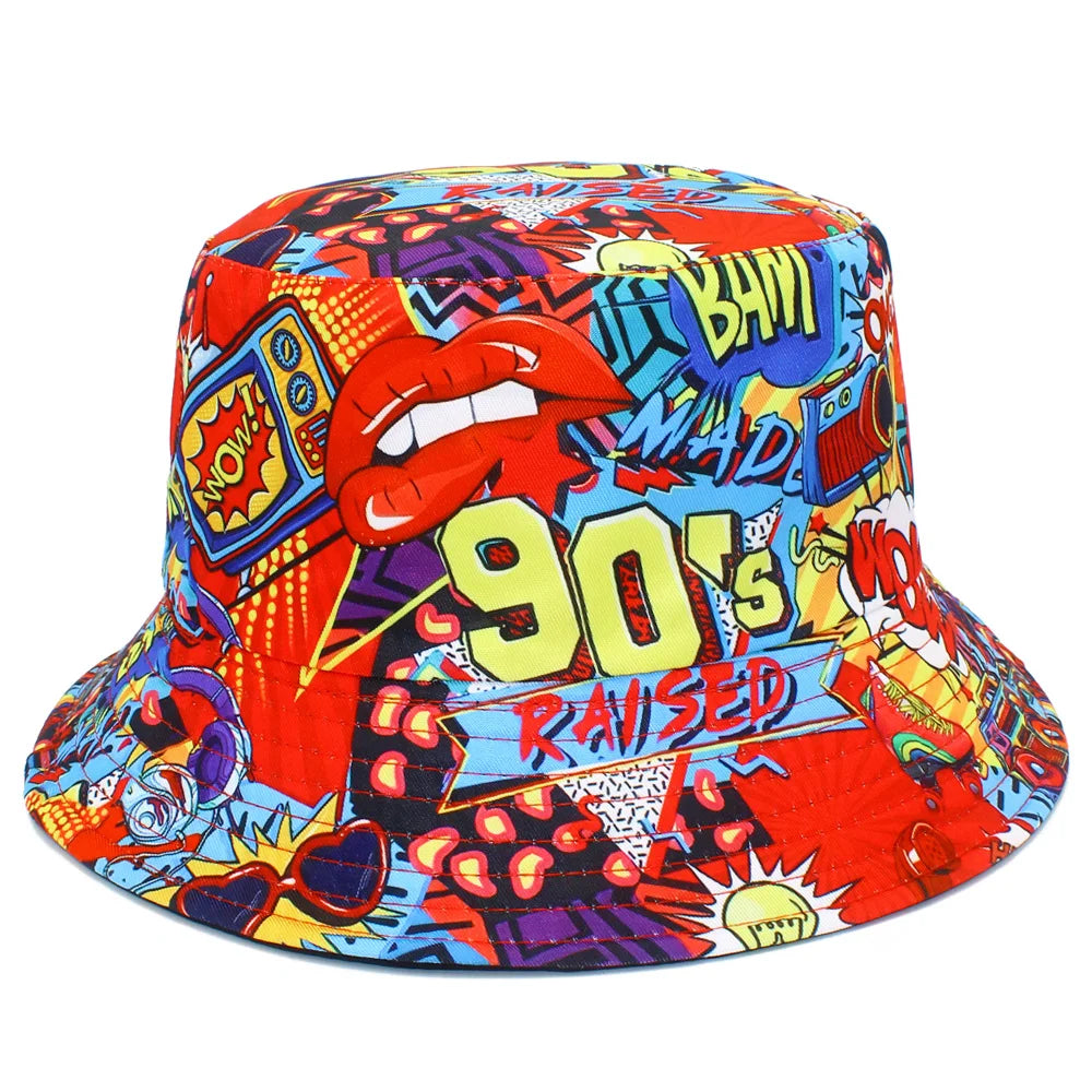 90s POP Print Letter Red Bucket Hat Fisherman Hats Panama Cap For Men Women