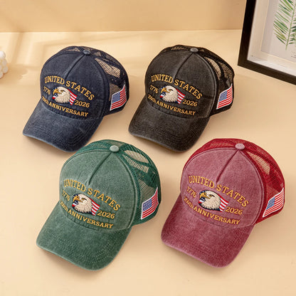 United States 250th Anniversary 1776-2026 Bald Eagle Embroidered Washed Mesh Baseball Cap