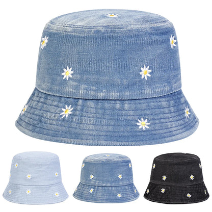 Unisex Daisy Embroidery Denim Bucket Hats