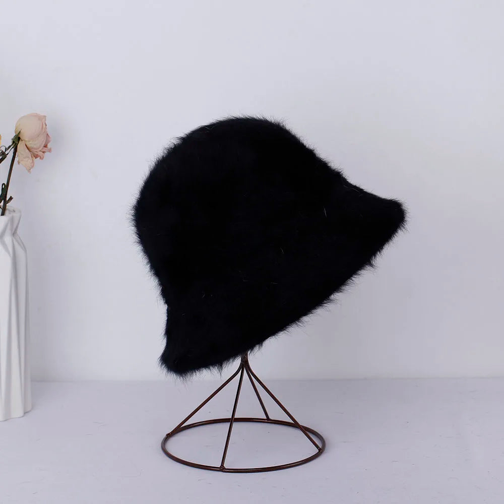 New Hat Winter Women's Fashion Solid Color Rabbit Fur Hat Bucket Cap