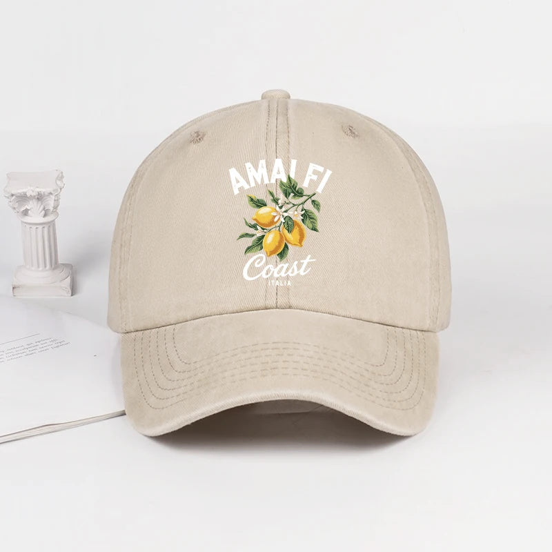 Vintage Amalfi Coast Lemon Print Washed Baseball Cap