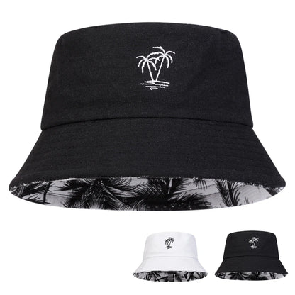Unisex Coconut Tree Embroidery Double Sided Wearing Bucket Hats