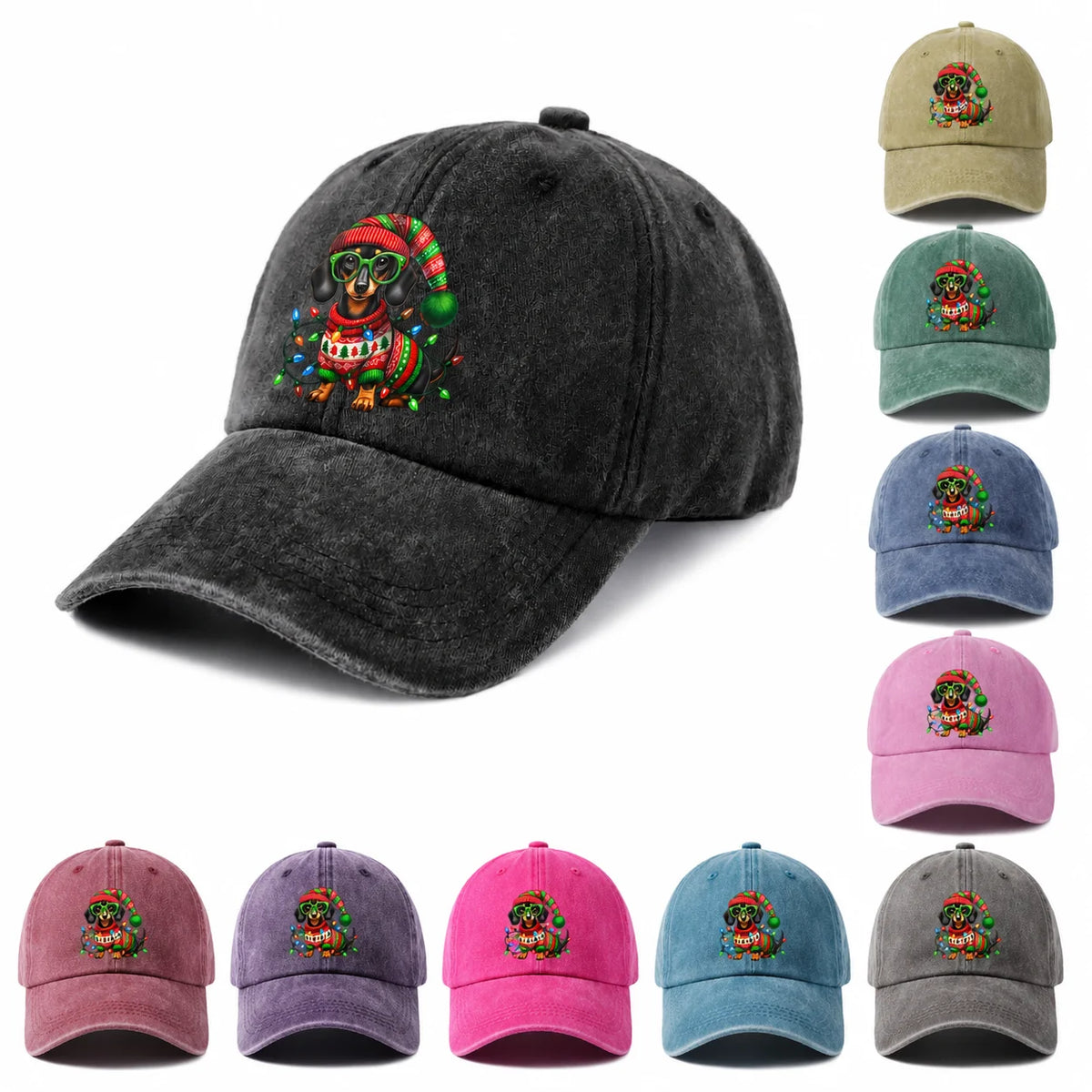 Christmas Dachshund Lights Washed Baseball Cap