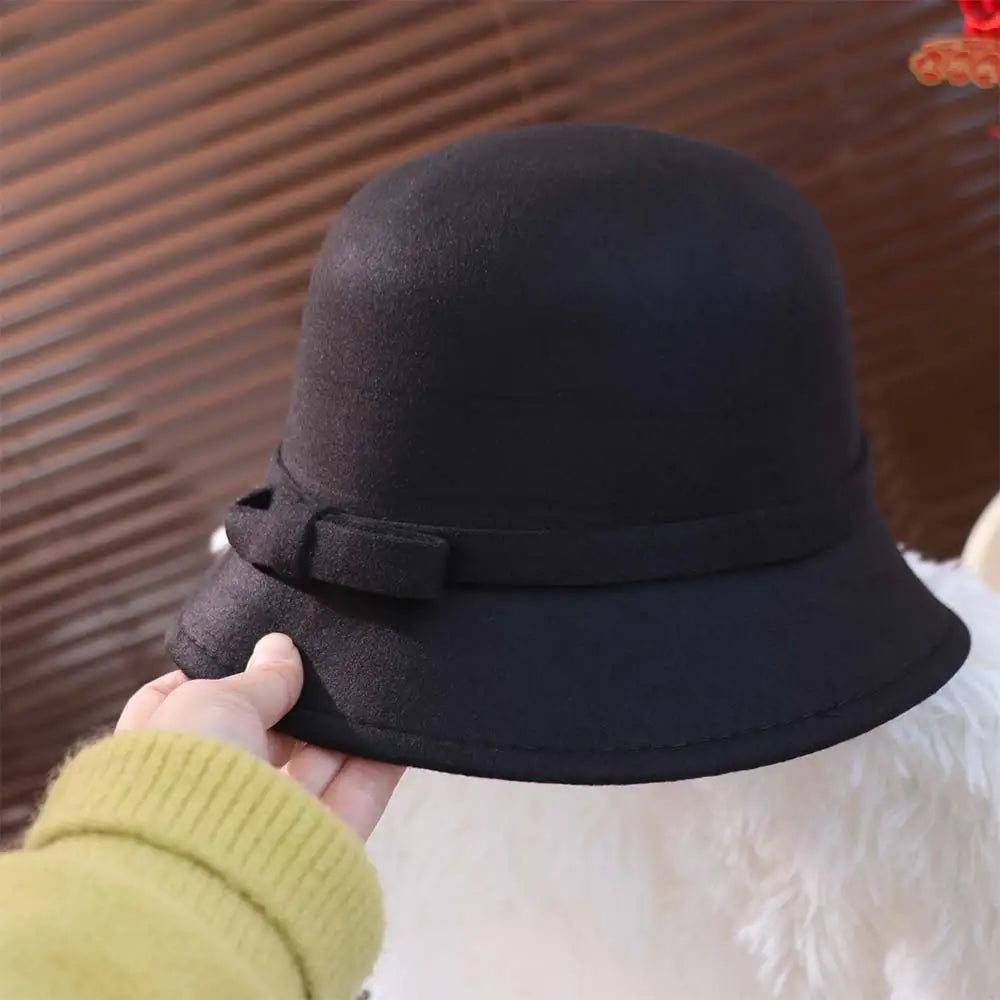 Trendy French Style Bow Tweed Hat Autumn Winter Hepburn Women's Bow Hat Bucket Cap
